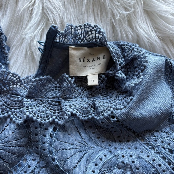 Sezane Blue Ruffled 3/4 Sleeve Bib Collar Blouse - Picture 2 of 3